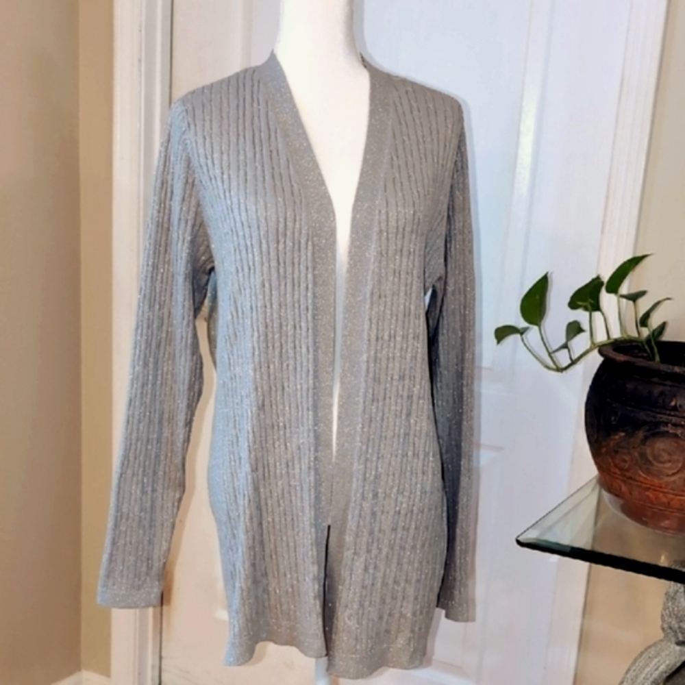 Kim Rogers Gray Metallic Long Open Front Cable Knit Cardigan. Size L. NWT $50